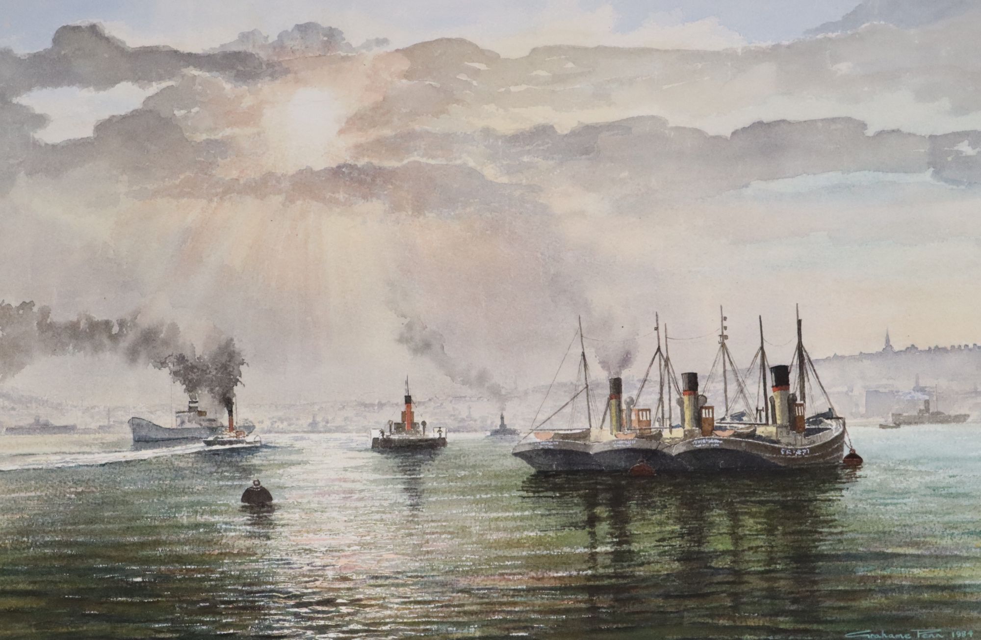 Graham Penn, watercolour, Tug boats in harbour, signed and dated 1984, 35 x 52cm, unframed
